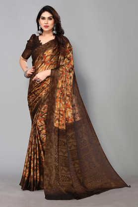 printed chiffon designer women's saree with blouse piece - coffee