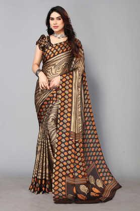 printed chiffon designer women's saree with blouse piece - coffee