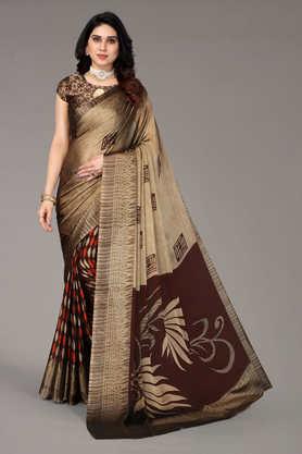 printed chiffon designer women's saree with blouse piece - coffee