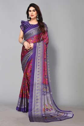 printed chiffon designer women's saree with blouse piece - dark pink