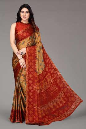 printed chiffon designer women's saree with blouse piece - peach