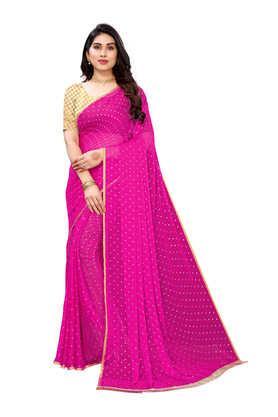 printed chiffon designer women's saree with blouse piece - pink