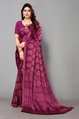 printed chiffon designer women's saree with blouse piece - purple