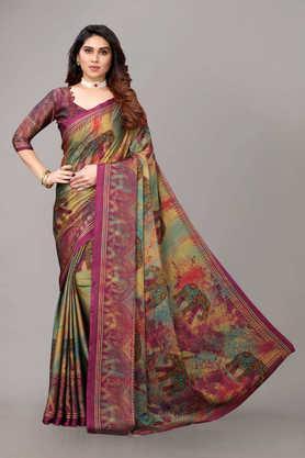 printed chiffon designer women's saree with blouse piece - wine