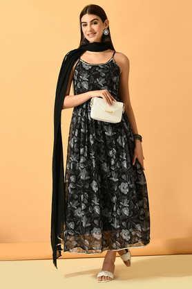 printed chiffon relaxed fit women's kurta set - black