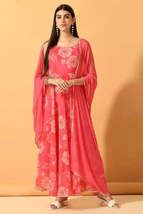 printed chiffon relaxed fit women's kurta set - pink