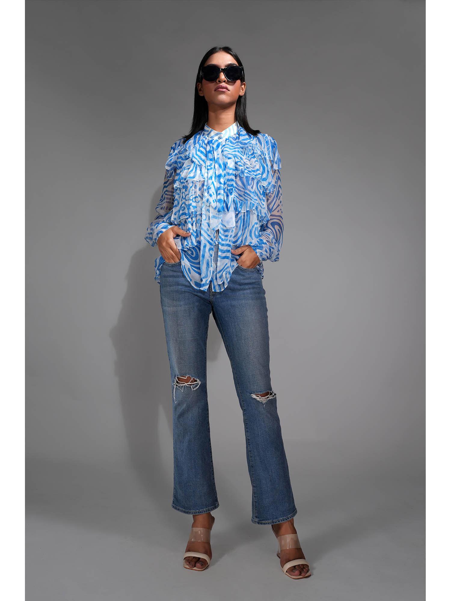 printed chiffon ruffle shirt cerulean blue