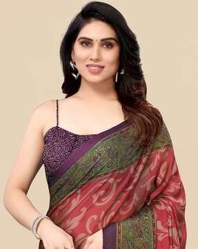 printed chiffon saree with contrast border