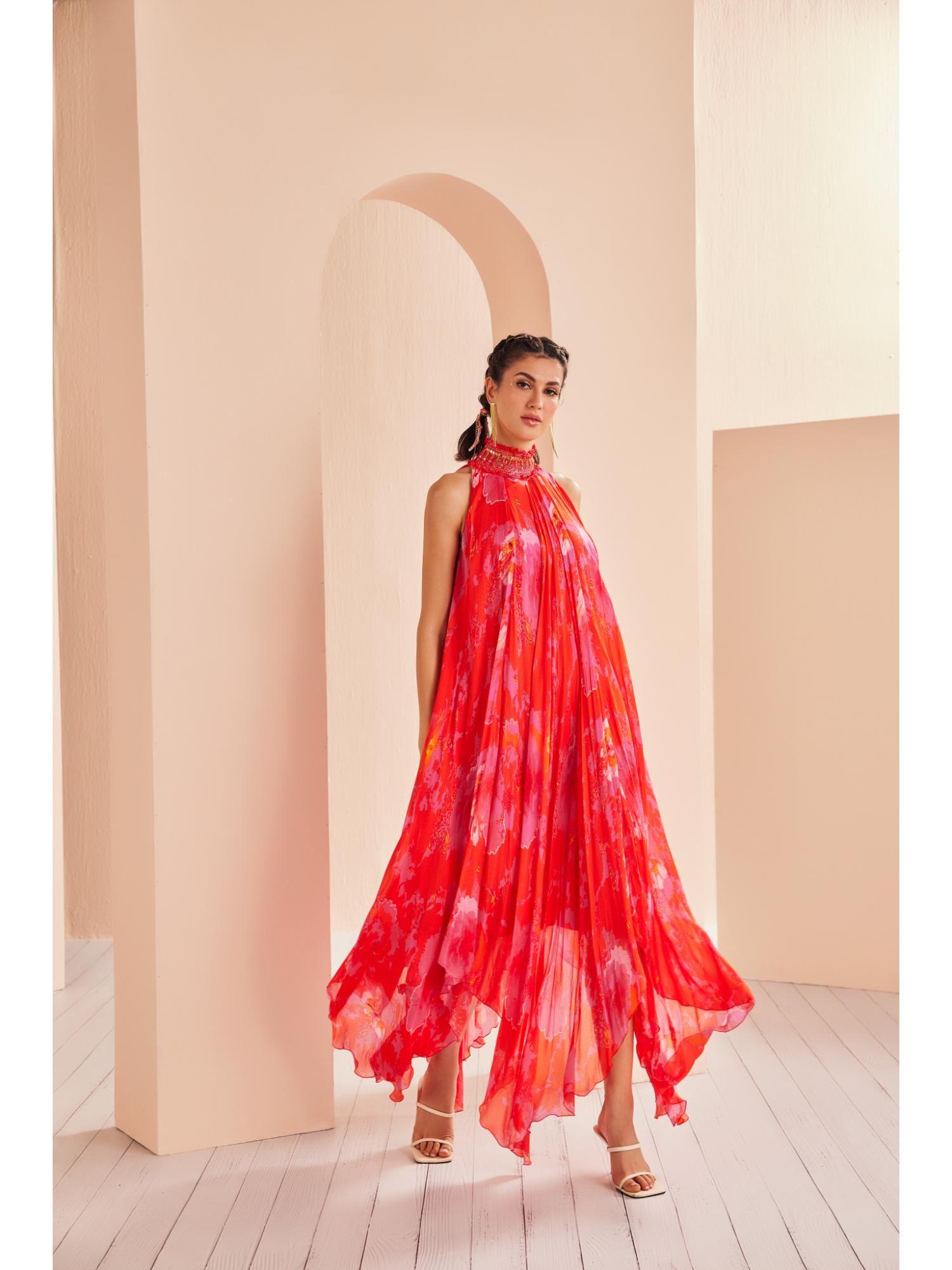 printed chiffon with entence hand embroidered collar high low dress