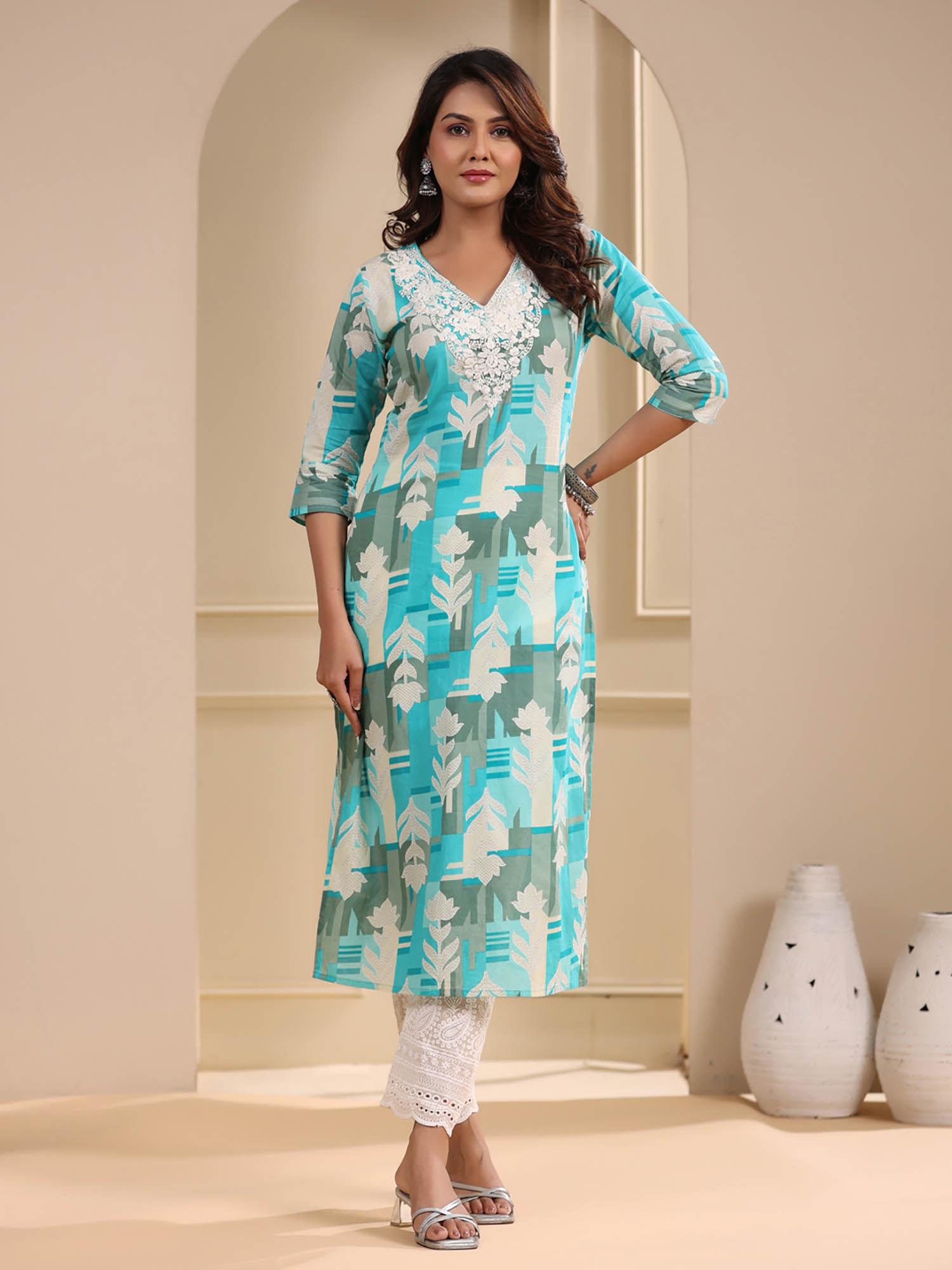 printed chikankari embroidered kurta - blue