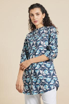 printed chinese collar flex women's midi dress - indigo