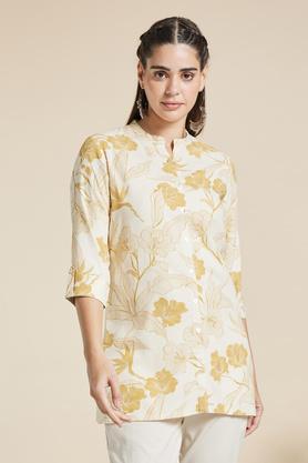 printed chinese collar flex women's midi dress - mustard