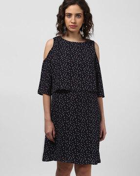 printed cold-shoulder layered a-line dress