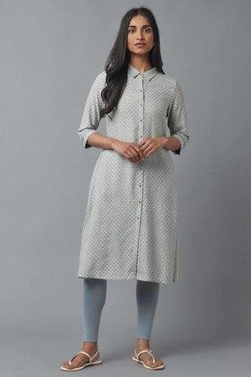 printed collar neck cotton blend women's calf length kurta - grey