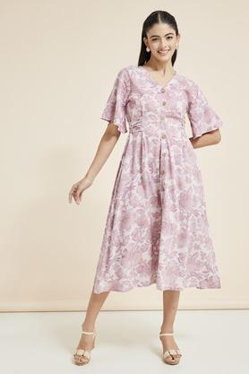 printed collar neck cotton blend women's maxi dress - mauve