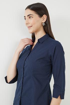 printed collar neck cotton women's formal wear shirt - navy