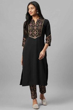 printed collar neck crepe women's ethnic set - black