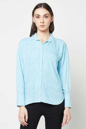 printed collar neck lyocell women's casual wear shirt - cyan