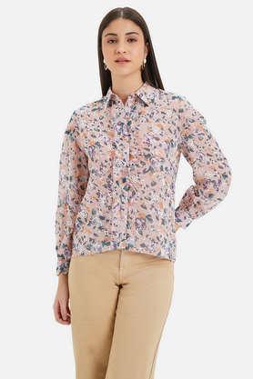 printed collar neck polyester women's casual wear shirt - peach