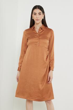 printed collar neck polyester women's knee length dress - brown