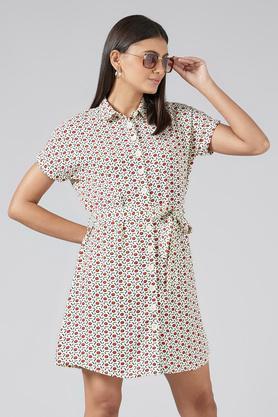 printed collar neck polyester women's mini dress - multi