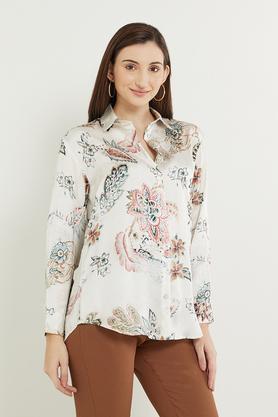 printed collar neck polyester women casual wear's shirt - natural