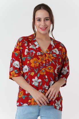 printed collar neck rayon women's casual wear shirt - red