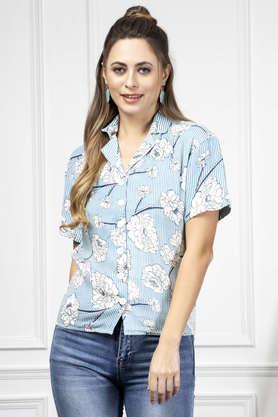 printed collar neck viscose women's casual wear shirt - blue