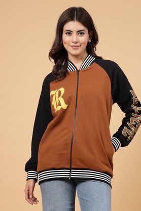 printed collared cotton women's casual wear jacket - brown