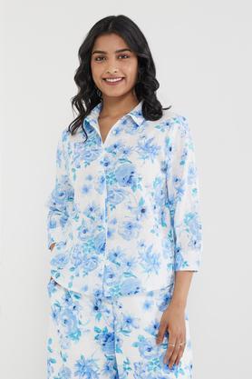 printed collared cotton women's casual wear shirt - blue