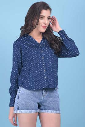 printed collared cotton women's casual wear shirt - navy