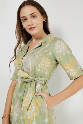 printed collared cotton women's ethnic dress - green