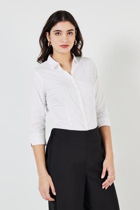 printed collared cotton women's formal wear shirt - white
