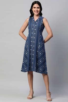 printed collared cotton women's knee length dress - blue