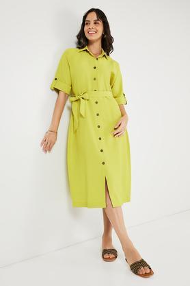 printed collared polyester women's calf length dress - green