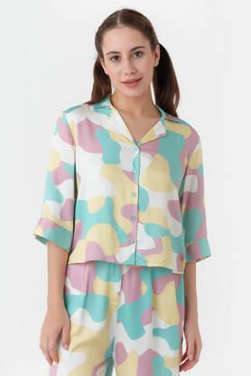 printed collared polyester women's casual wear shirt - off white