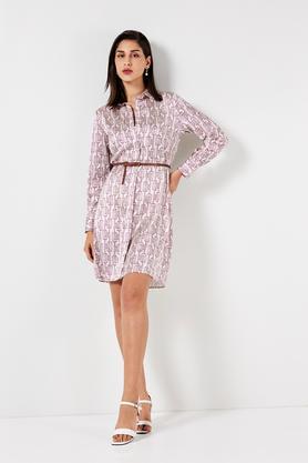 printed collared polyester women's dress - pink