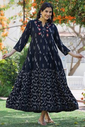 printed collared rayon women's calf length ethnic dress - black