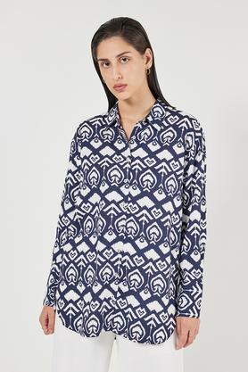 printed collared rayon women's dress - blue