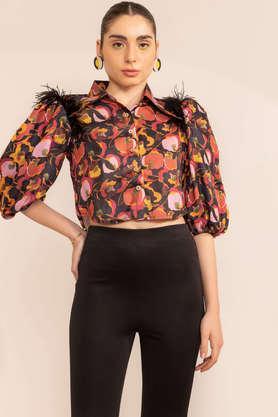 printed collared satin women's casual wear shirt - multi