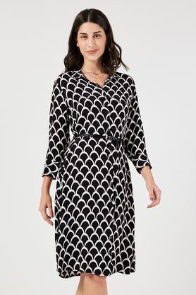 printed collared viscose women's dress - black & white