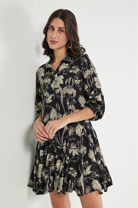 printed collared viscose women's dress - black