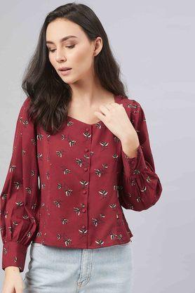 printed collarless polyester women's casual shirt - maroon