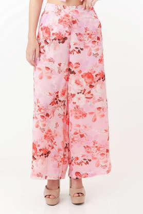 printed comfort fit polyester women's casual wear trouser - pink