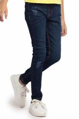 printed cotton a-line girls jeans - blue