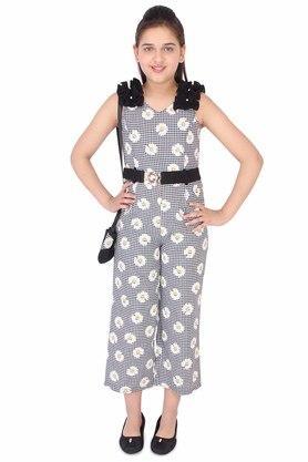 printed cotton and georgette v neck girls casual wear jumpsuits - black