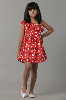 printed cotton asymmetric girls fusion wear dress - red