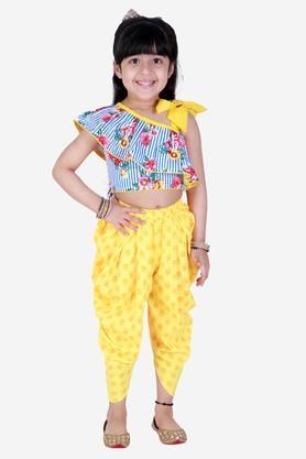 printed cotton asymmetric girls kurta dhoti set - blue