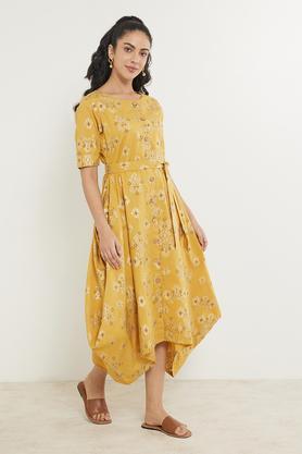 printed cotton blend boat neck women's ethnic dress - yellow