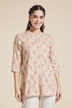 printed cotton blend chinese collar women's tunic - natural